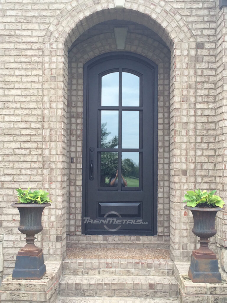 single black arched architectural steel entrance door with six glass lites