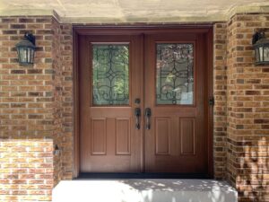 fiberglass double doors with specialty designed glass