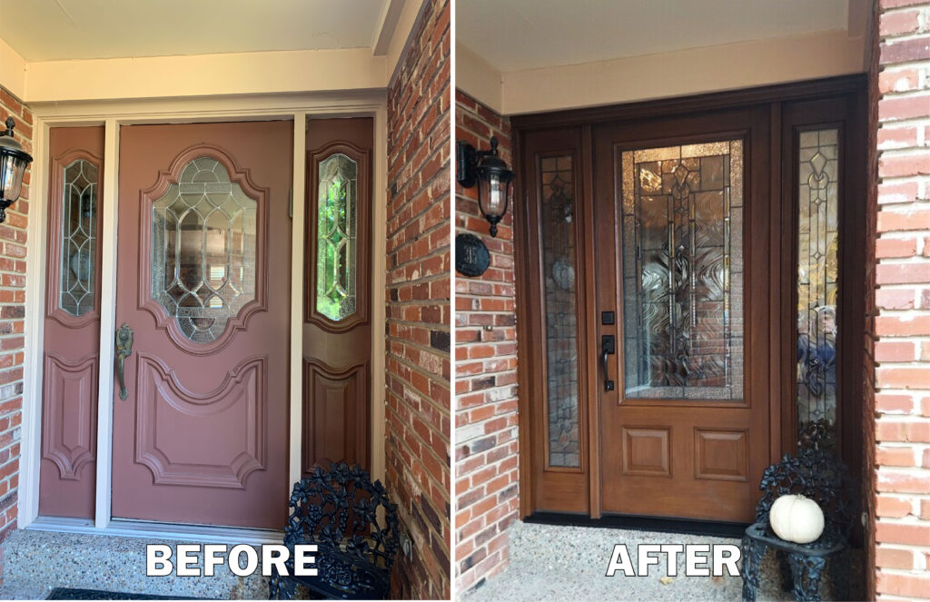 Before and after of a wood grain fiberglass door - Kirkwood Home Gallery
