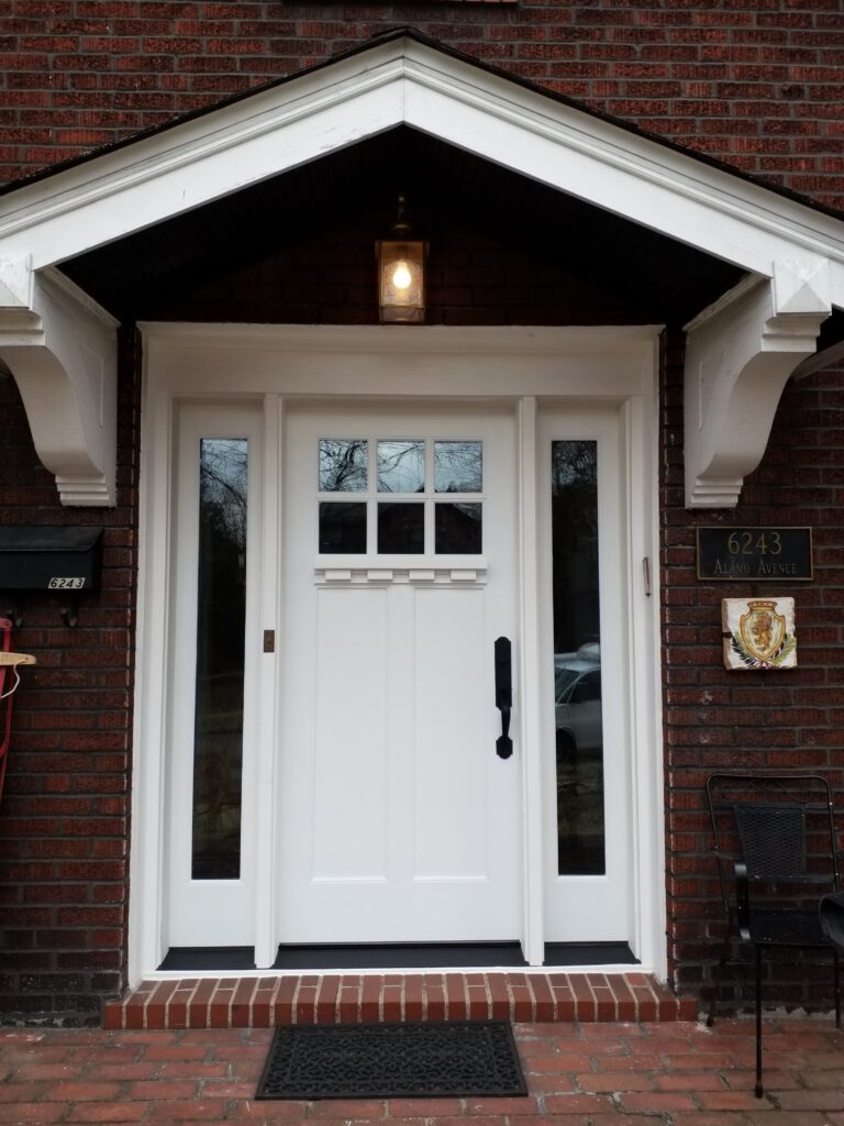 White painted smooth skin fiberglass exterior door with divided lites and side lites - Kirkwood Home Gallery
